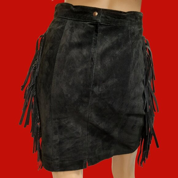 Vintage 90s Black Fringed Suede Mini Skirt Size S Western Rocker Grunge Indie - Picture 6 of 10